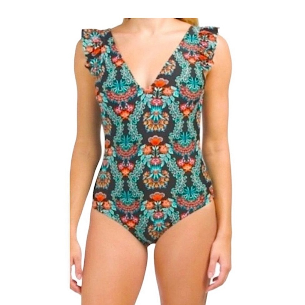Jessica Simpson Estilo One Piece Black Floral Swimsuit. Size XL Like New!